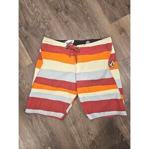 Volcom Boardies Men's Striped Board Shorts with Orange & Red Color Block Sz 38